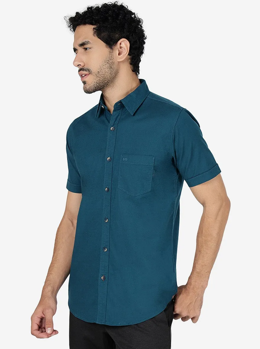 Petrol Blue Solid Slim Fit Casual Shirt | JadeBlue