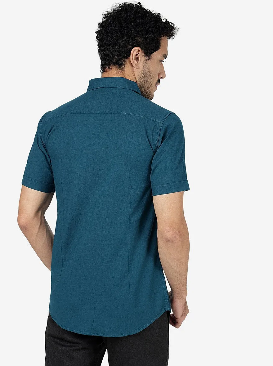 Petrol Blue Solid Slim Fit Casual Shirt | JadeBlue
