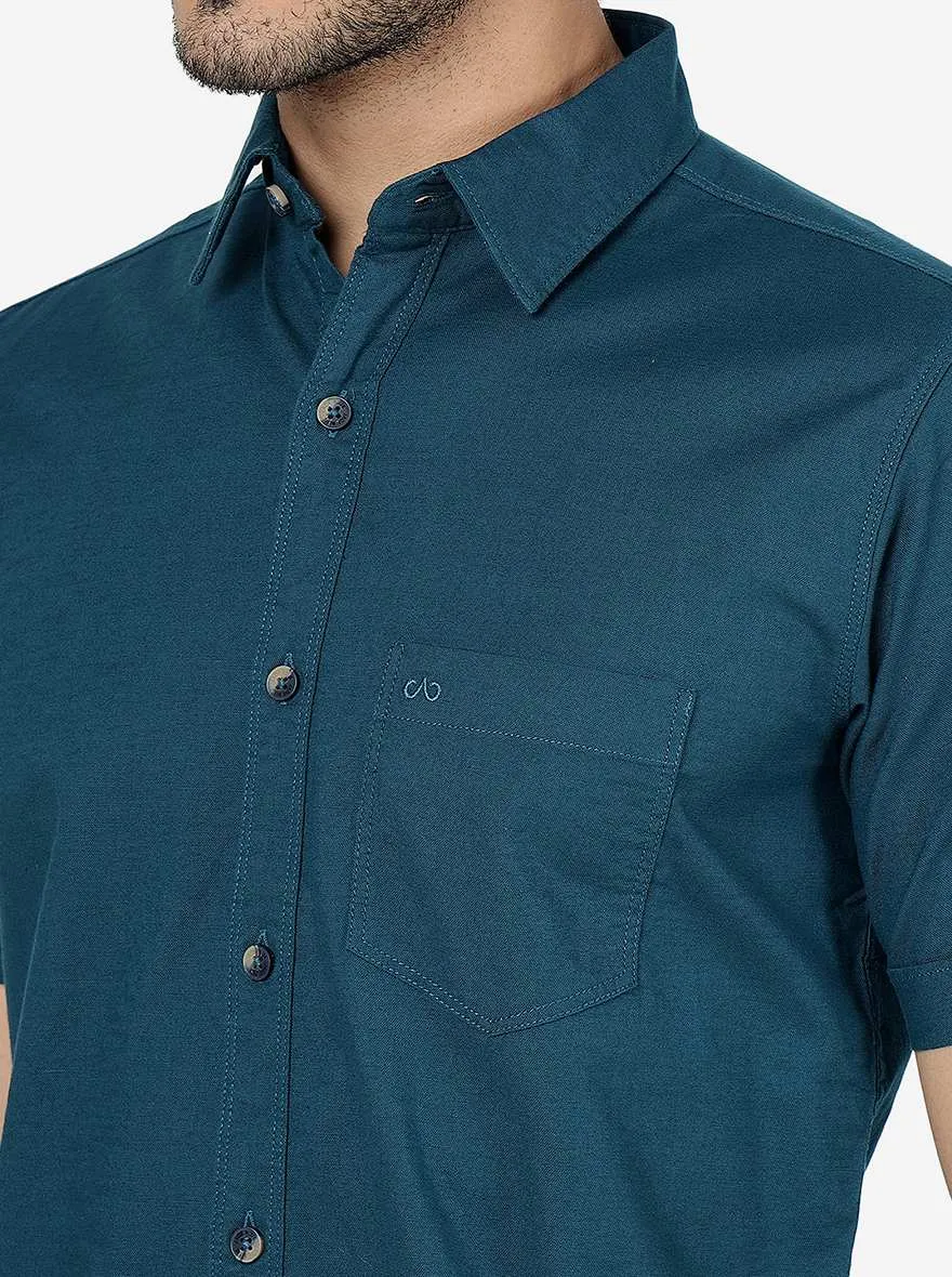Petrol Blue Solid Slim Fit Casual Shirt | JadeBlue