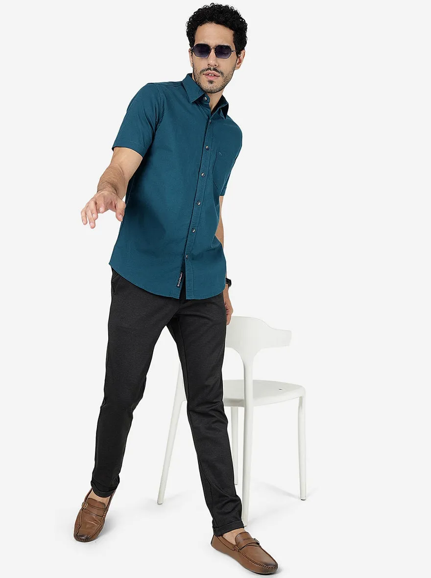 Petrol Blue Solid Slim Fit Casual Shirt | JadeBlue