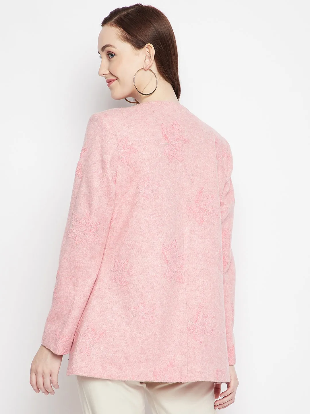 Pink Floral Round Neck Blazer