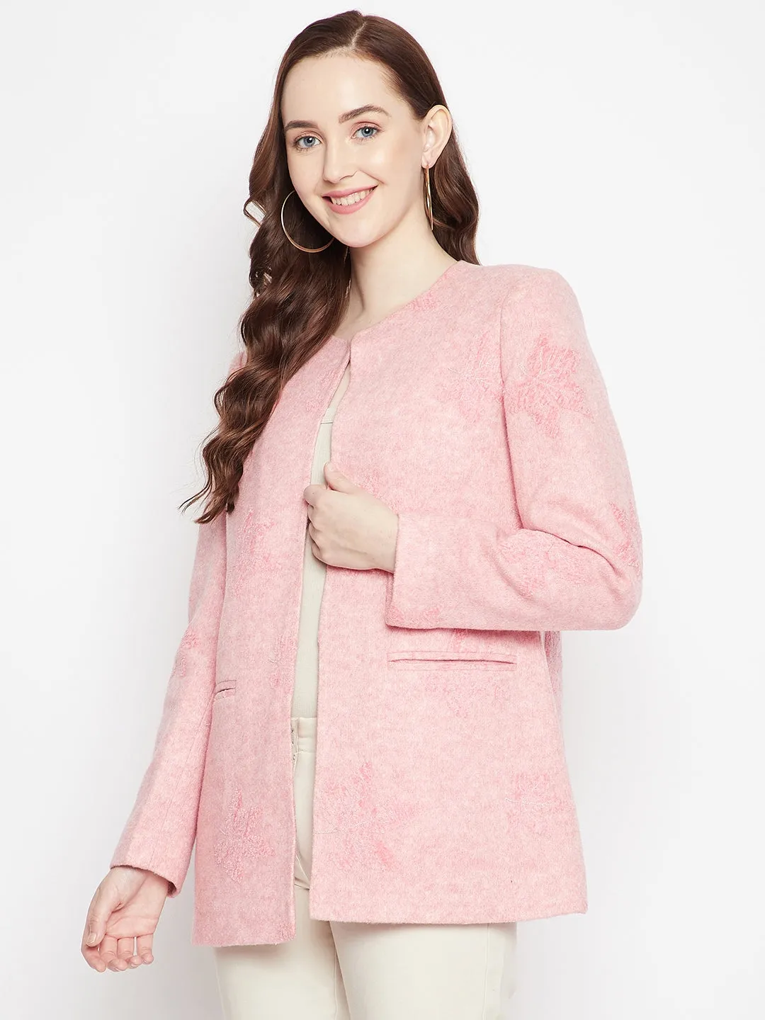 Pink Floral Round Neck Blazer