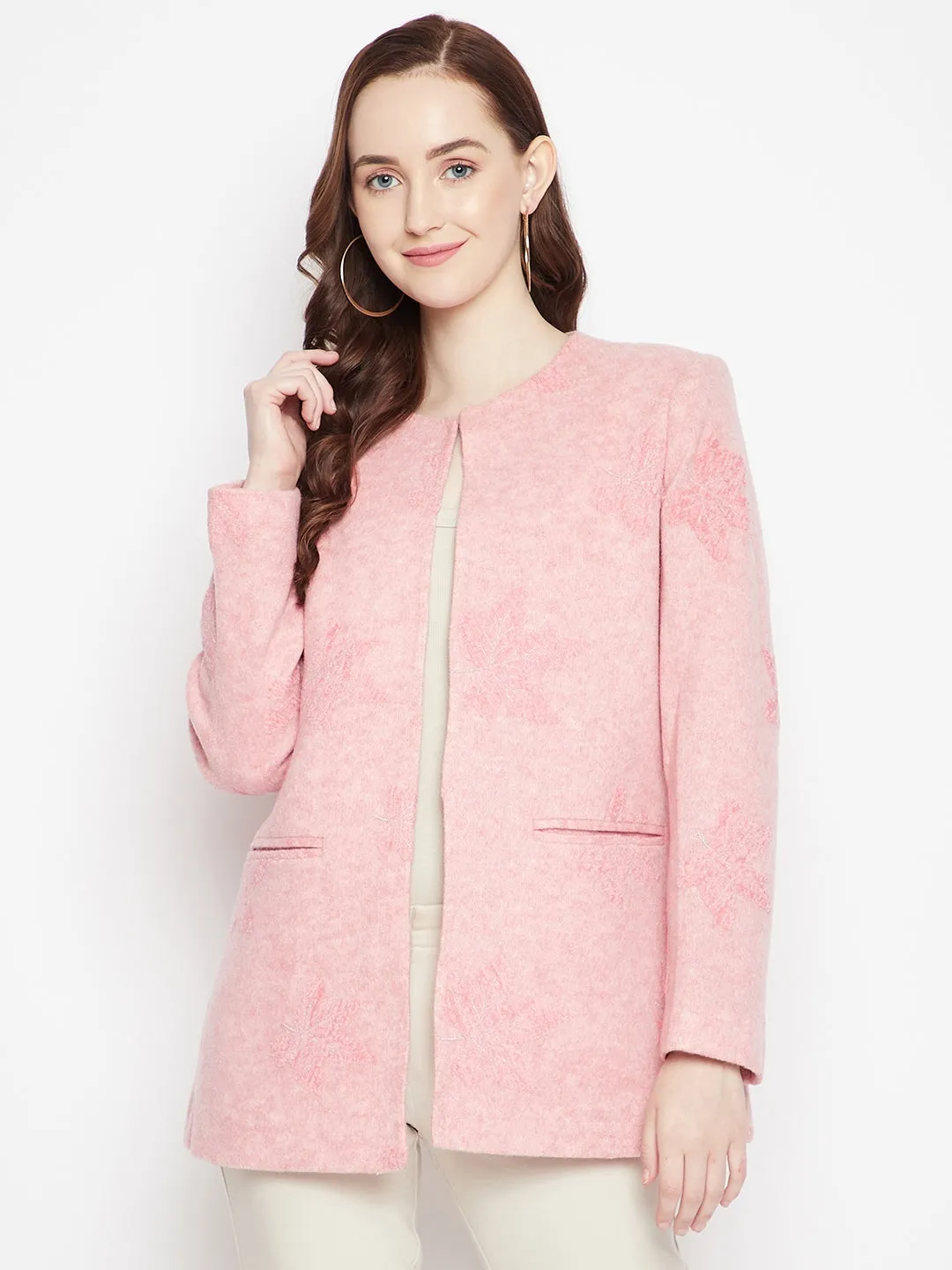 Pink Floral Round Neck Blazer