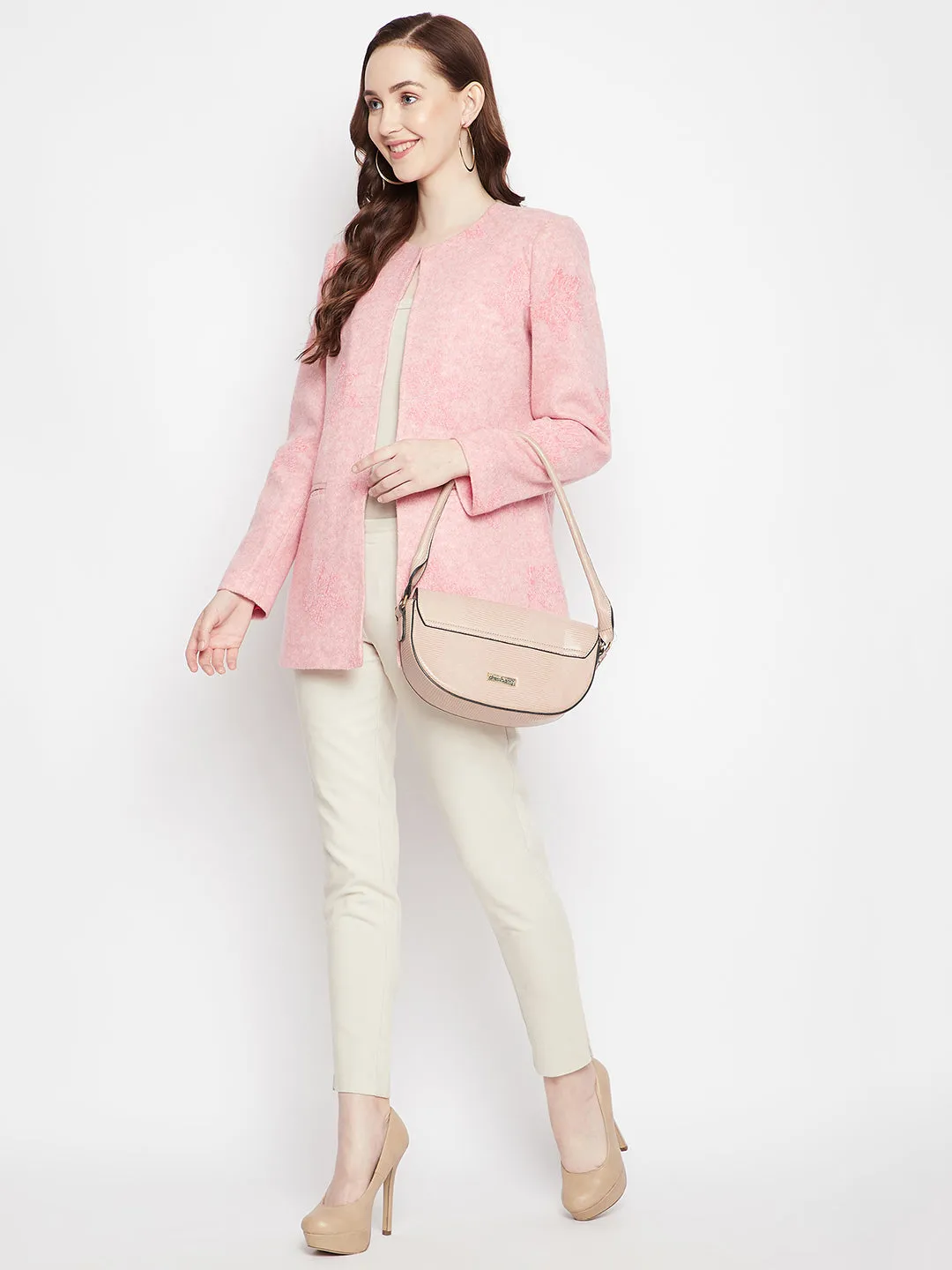Pink Floral Round Neck Blazer