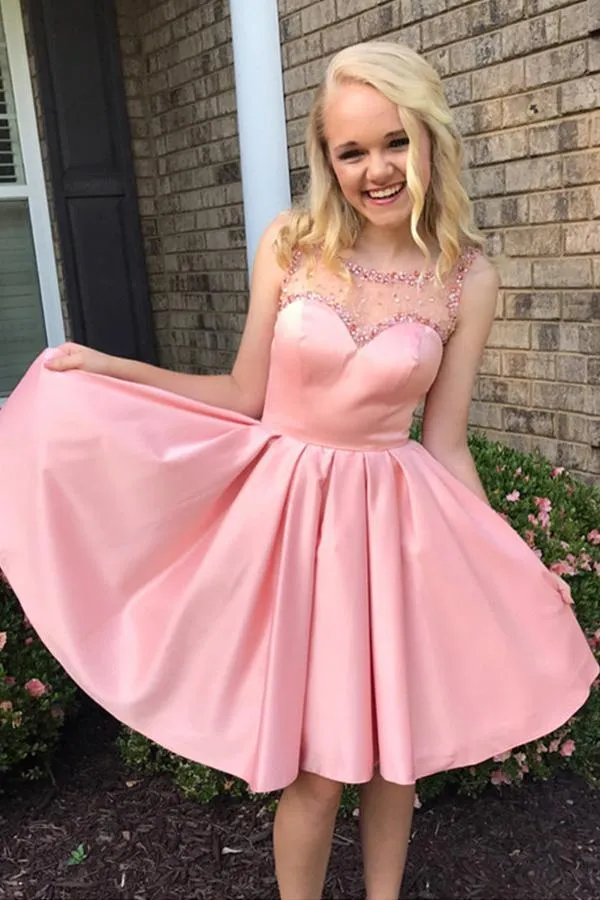 Pink Illusion Cute Pink Short Cheap Homecoming Dresses Online, BDY0343