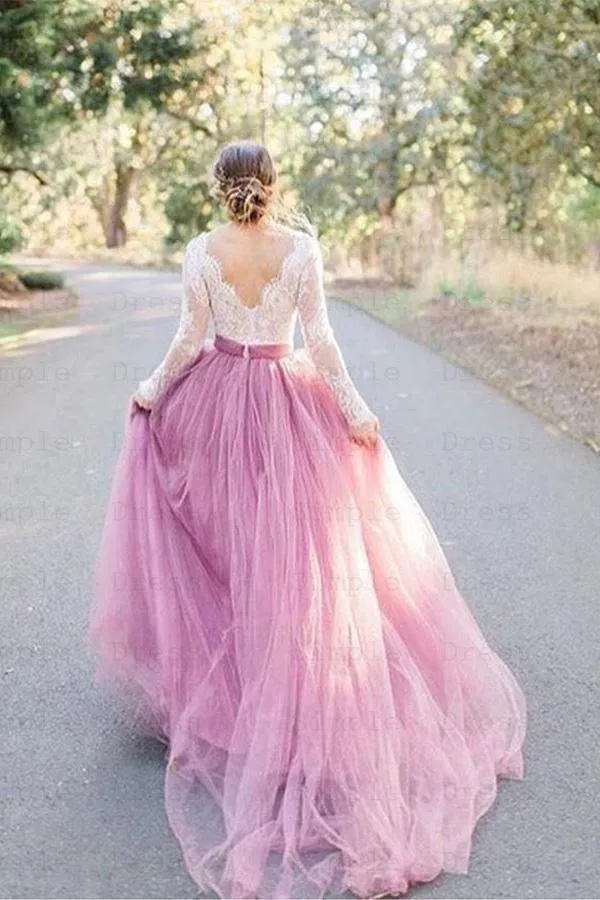 Pink Tulle A-line Long Sleeves Lace Top Vintage Wedding Dresses, MW919