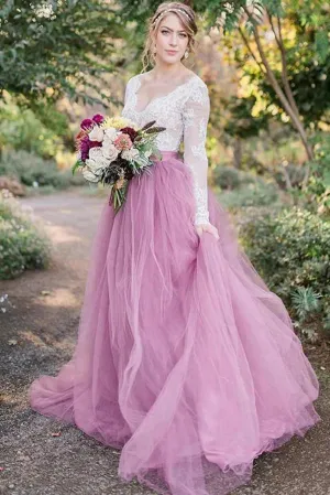 Pink Tulle A-line Long Sleeves Lace Top Vintage Wedding Dresses, MW919