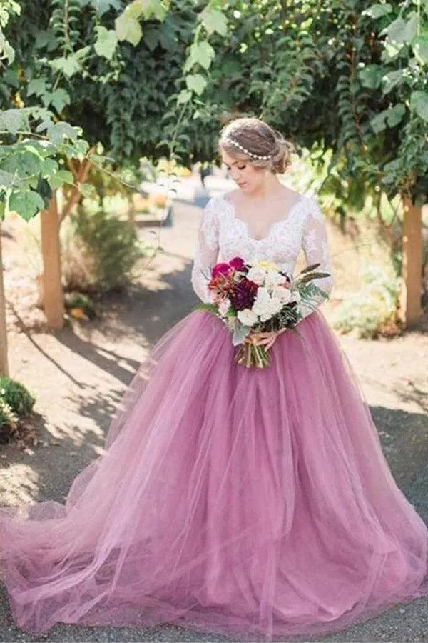 Pink Tulle A-line Long Sleeves Lace Top Vintage Wedding Dresses, MW919