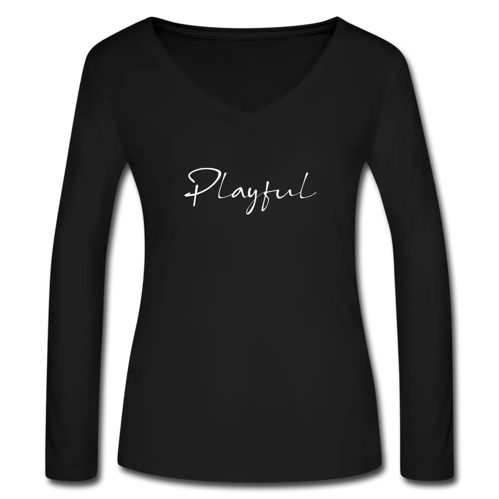 Playful Ladies Black Long Sleeve V-Neck Flowy Tee