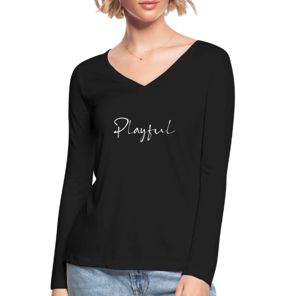 Playful Ladies Black Long Sleeve V-Neck Flowy Tee
