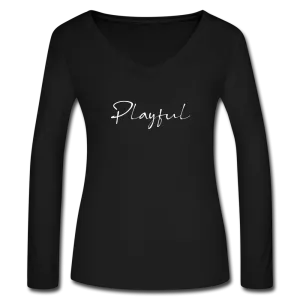 Playful Ladies Black Long Sleeve V-Neck Flowy Tee