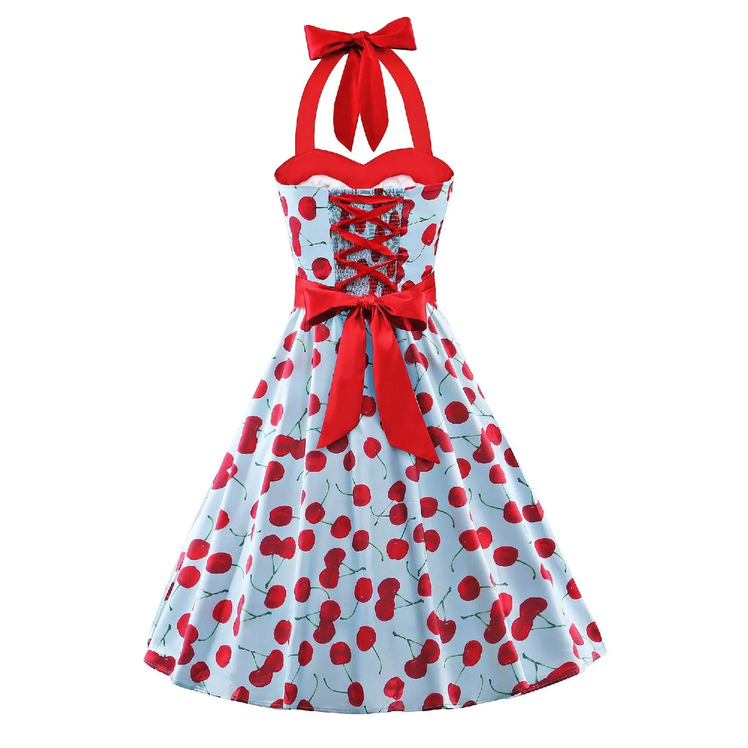 Polka Dots Halter Neck Dress Audrey Hepburn Floral Vintage Swing Dresses 50s