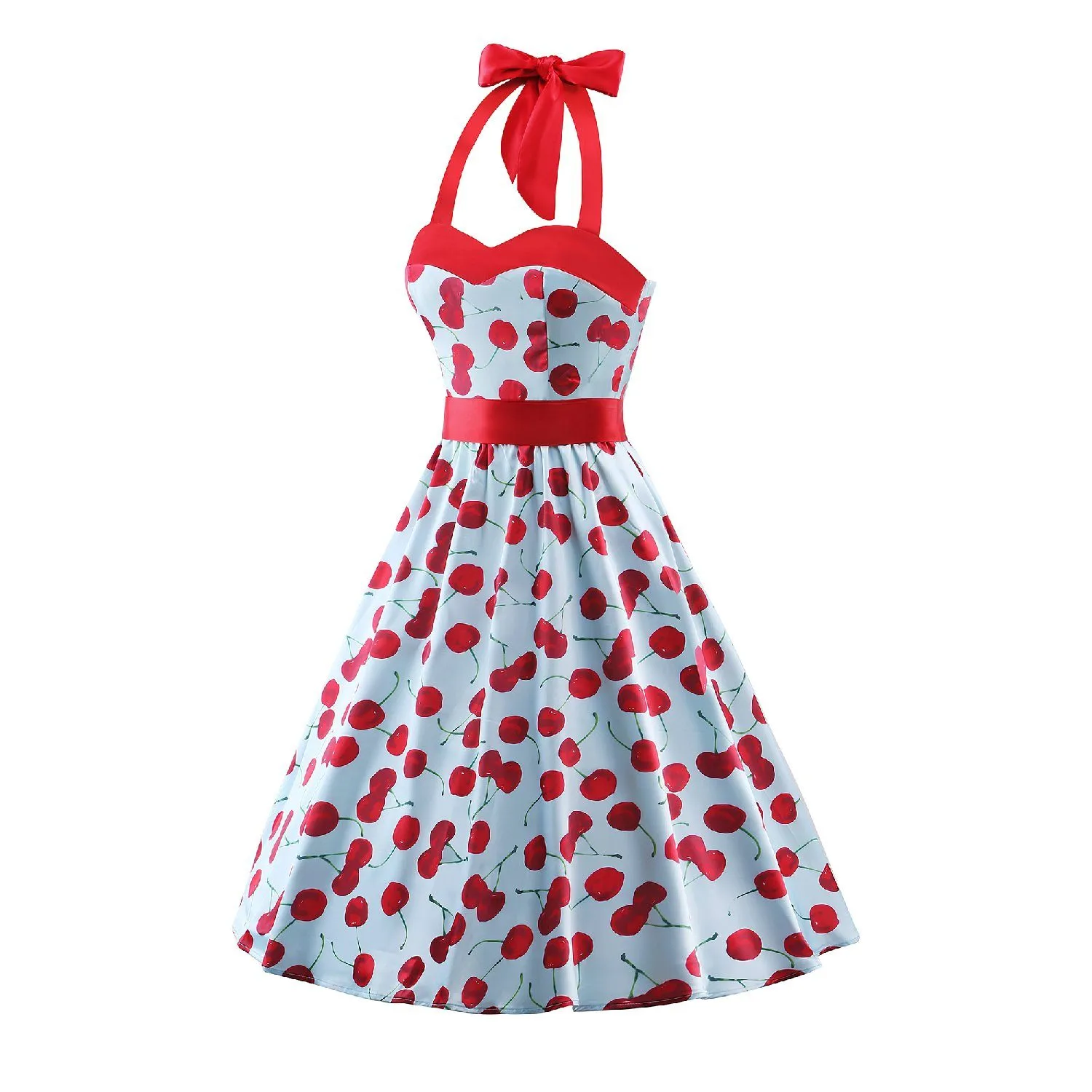 Polka Dots Halter Neck Dress Audrey Hepburn Floral Vintage Swing Dresses 50s