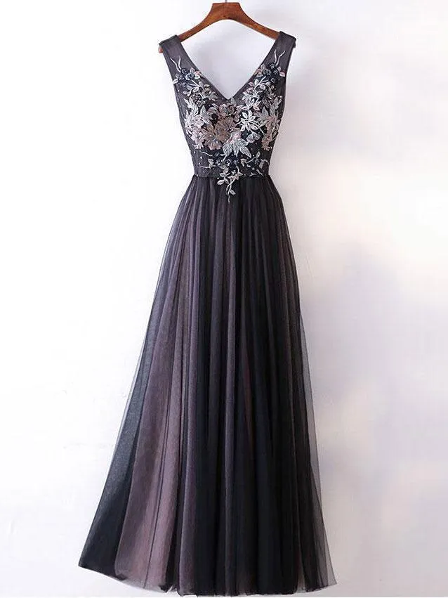 Princess/A-line V-neck Lace Appliqued Simple Long Prom Dresses Evening Gowns, QB0331