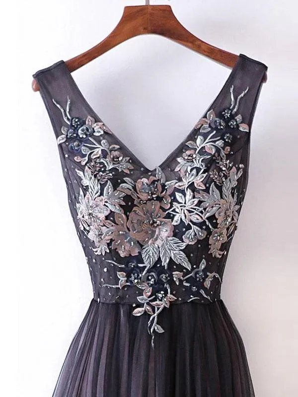 Princess/A-line V-neck Lace Appliqued Simple Long Prom Dresses Evening Gowns, QB0331