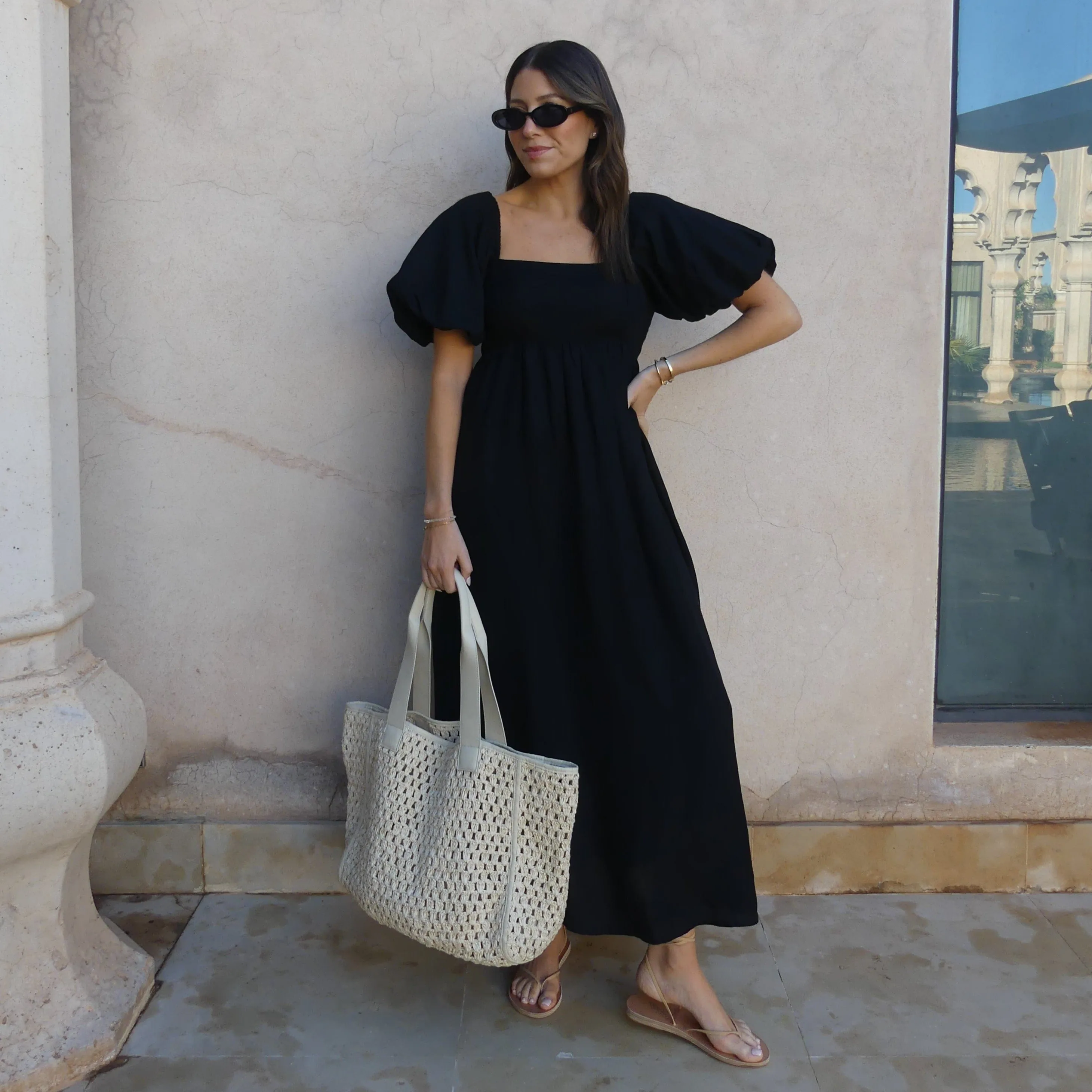 PUFF SLEEVE MIDI DRESS - BLACK