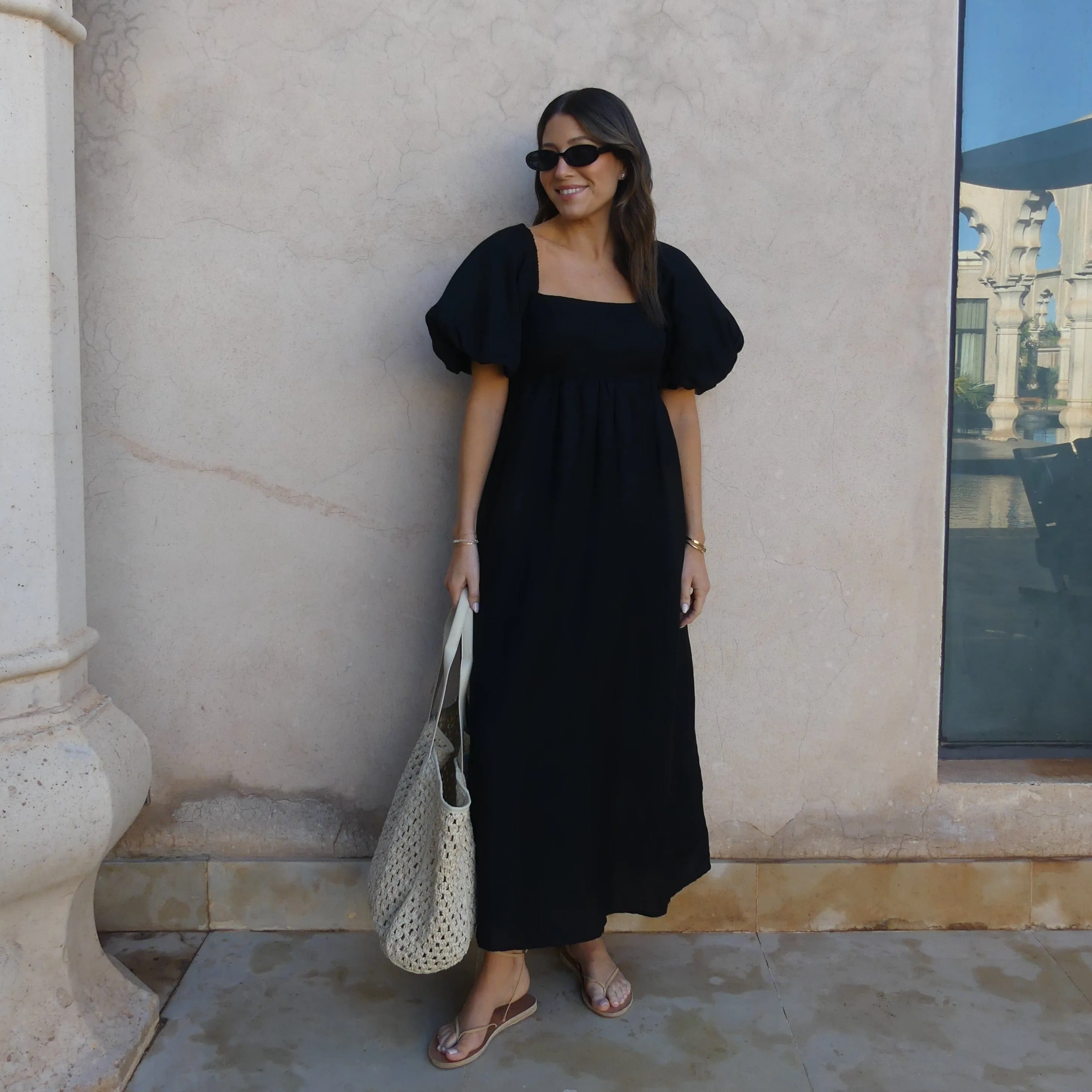 PUFF SLEEVE MIDI DRESS - BLACK