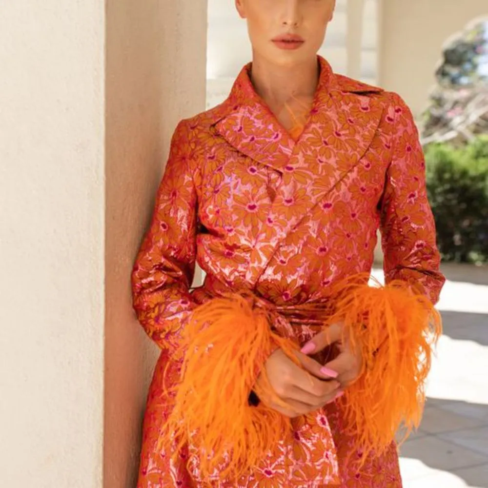 Red Coat with Detachable Feather Cuffs