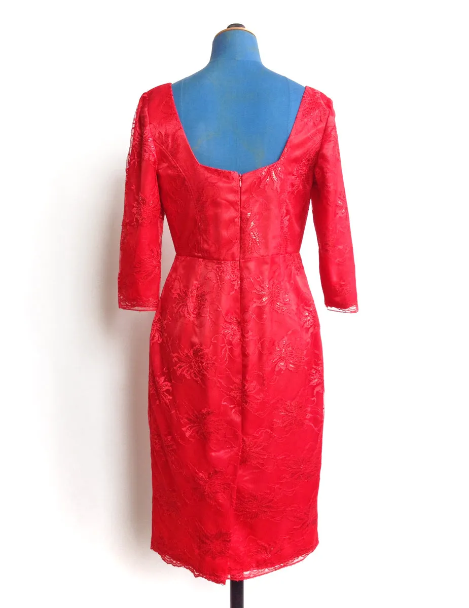 Red Lace Cocktail Dress 3/4 Sleeve