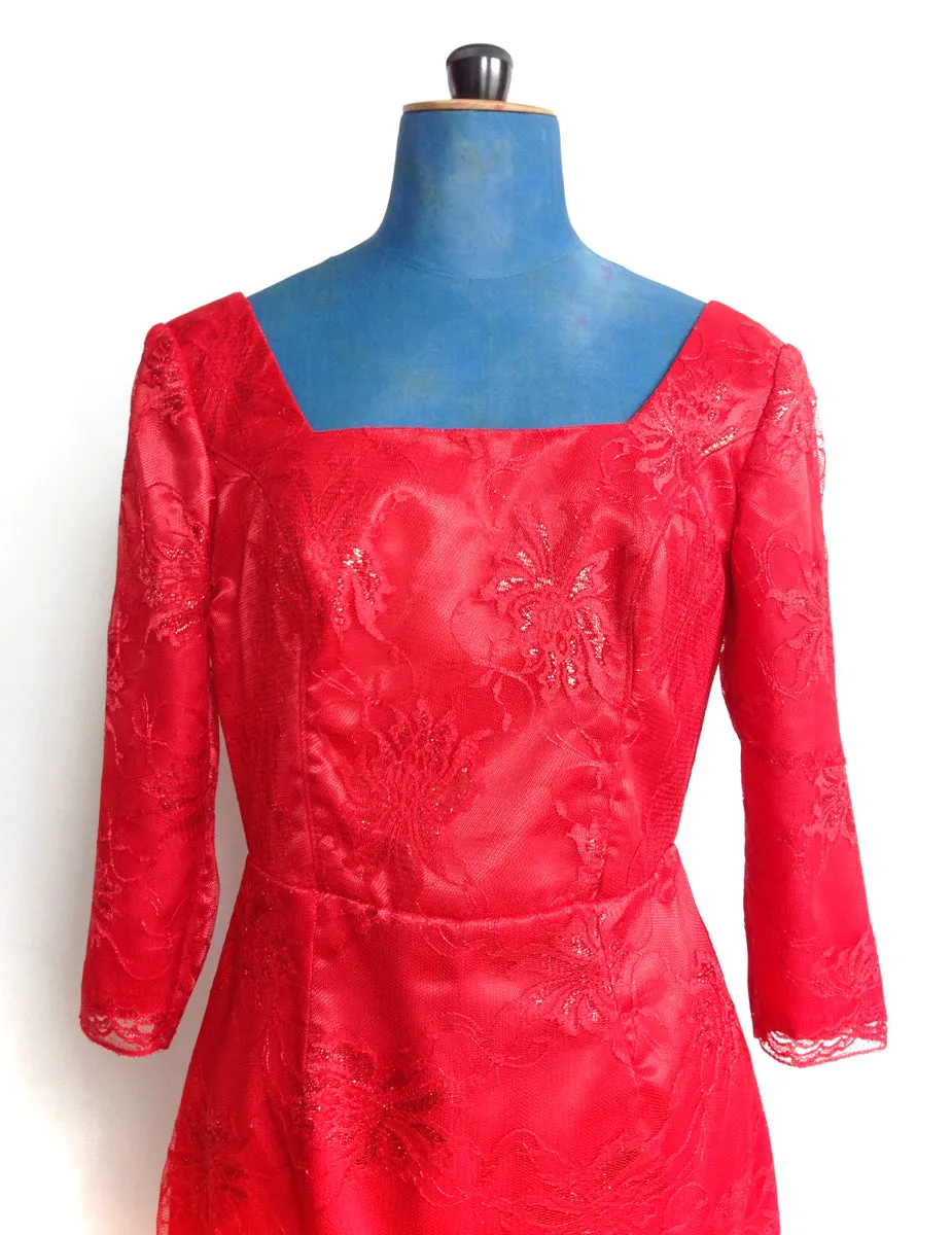 Red Lace Cocktail Dress 3/4 Sleeve