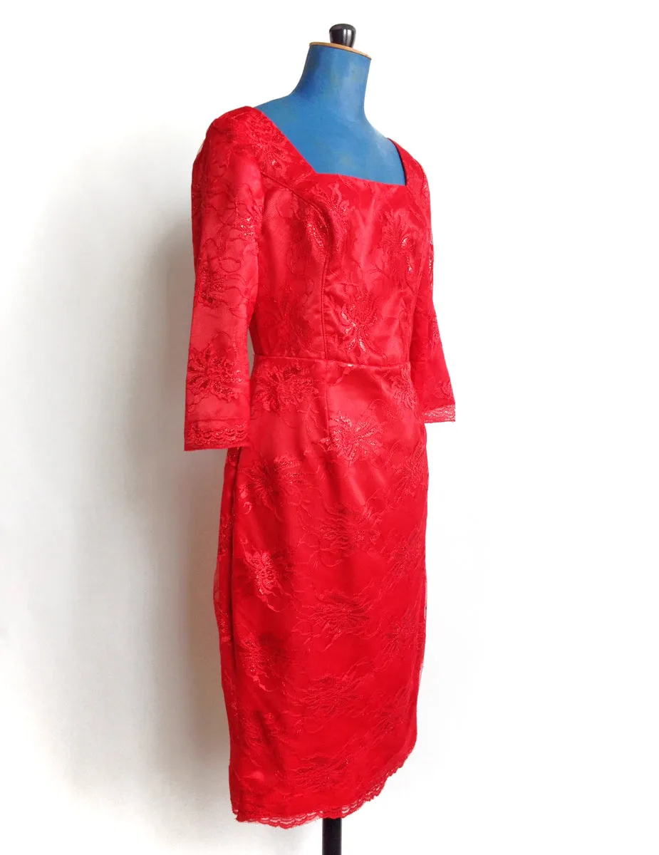 Red Lace Cocktail Dress 3/4 Sleeve