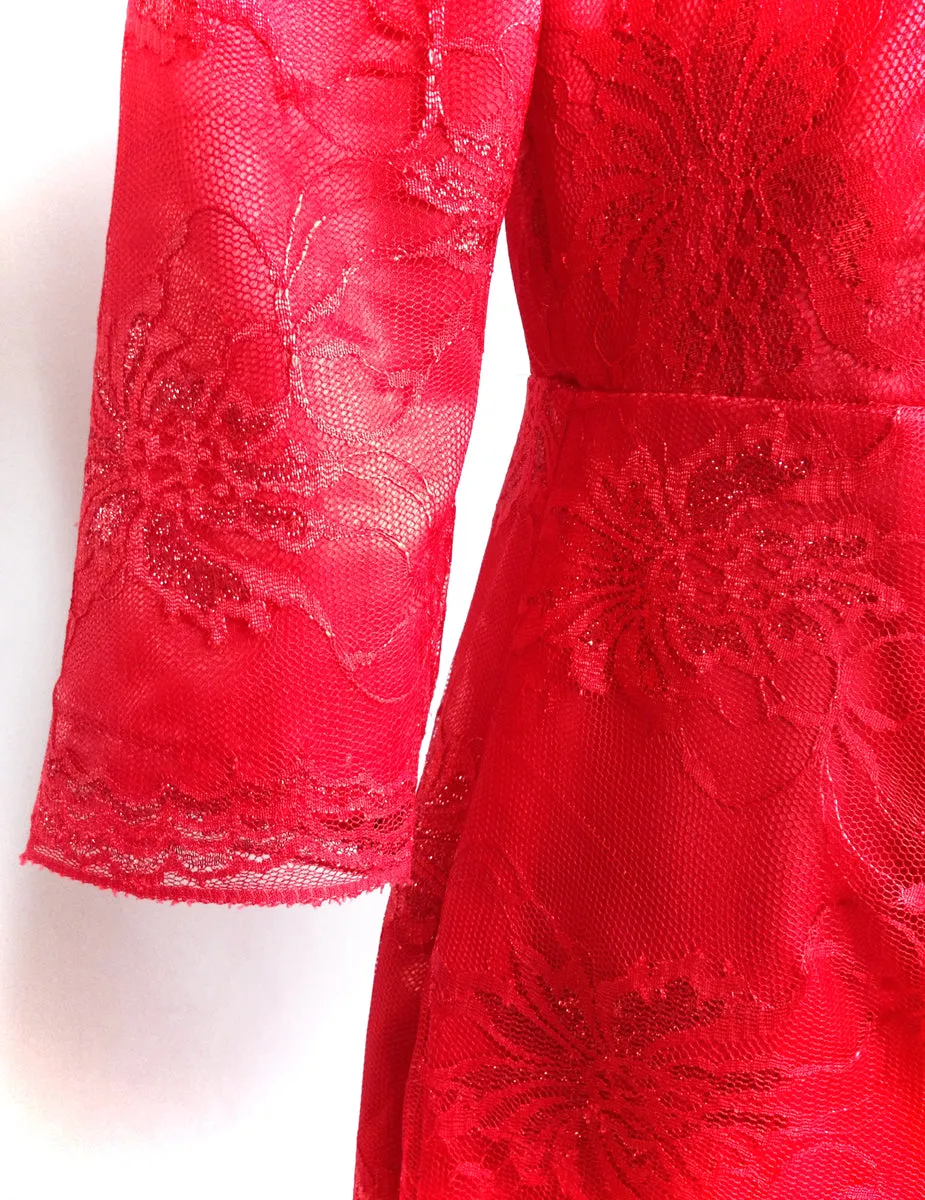 Red Lace Cocktail Dress 3/4 Sleeve