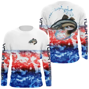 Red White And Blue Tie Dye Background Custom Patriotic Catfish Long Sleeve Fishing Shirts IPHW7019