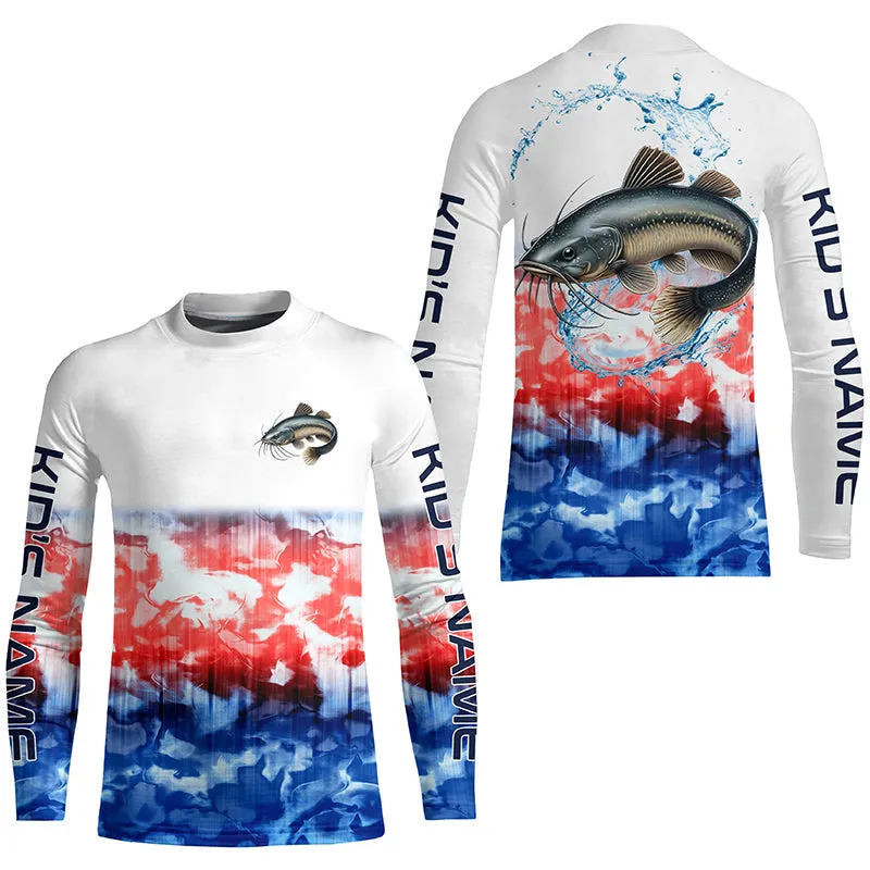 Red White And Blue Tie Dye Background Custom Patriotic Catfish Long Sleeve Fishing Shirts IPHW7019