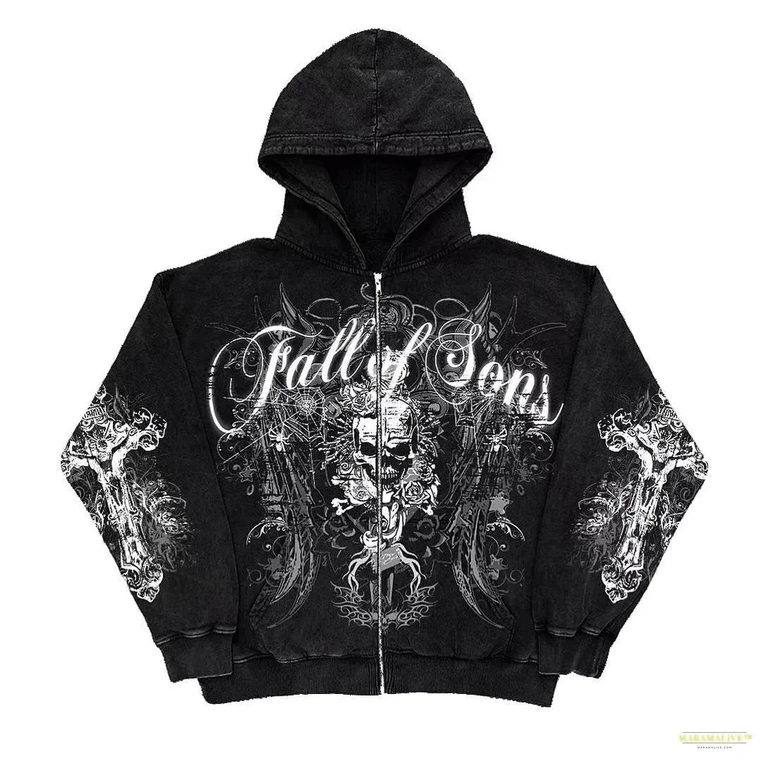 Retro Fashion Gothic Skull Bone Print Oversized Hoodie women Y2K Street Hip Hop Versatile Slim Casual Sweater Clothes