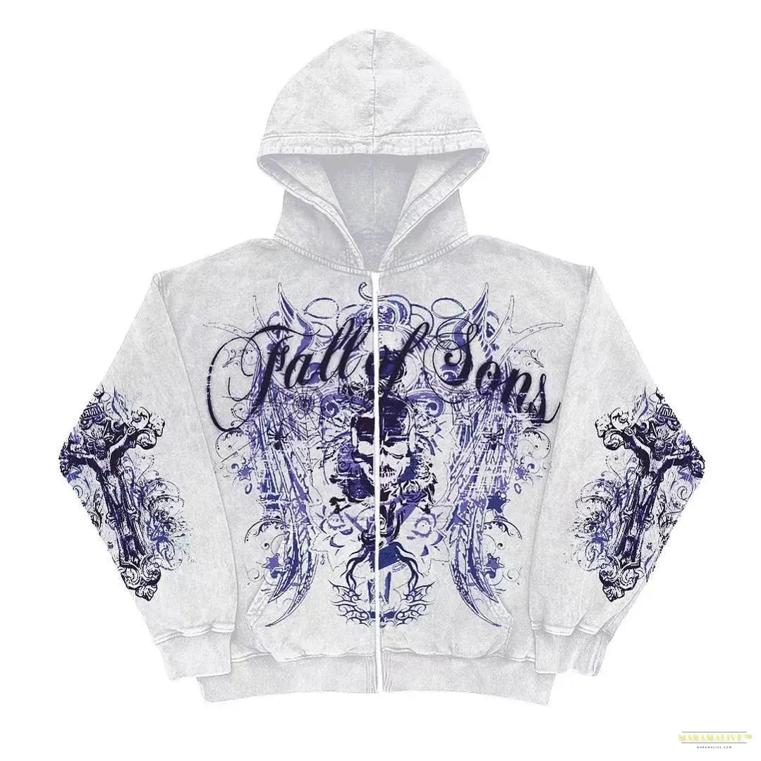Retro Fashion Gothic Skull Bone Print Oversized Hoodie women Y2K Street Hip Hop Versatile Slim Casual Sweater Clothes