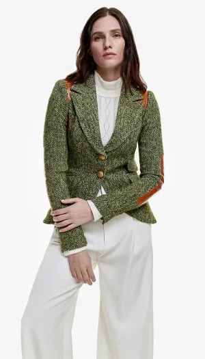 Rifle-Patch Equestrian Blazer in Moss Herringbone