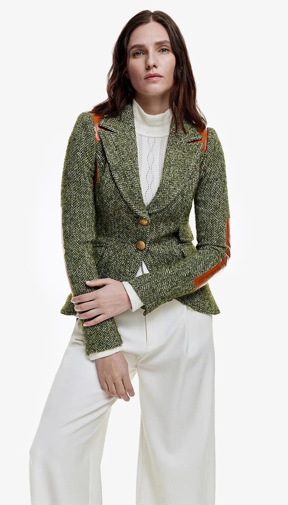 Rifle-Patch Equestrian Blazer in Moss Herringbone