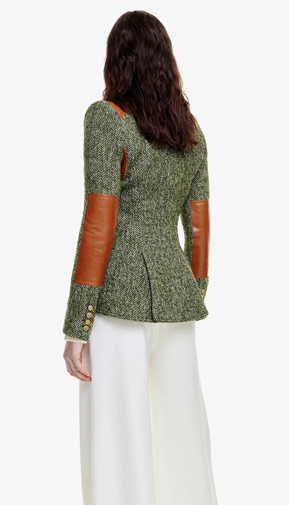 Rifle-Patch Equestrian Blazer in Moss Herringbone