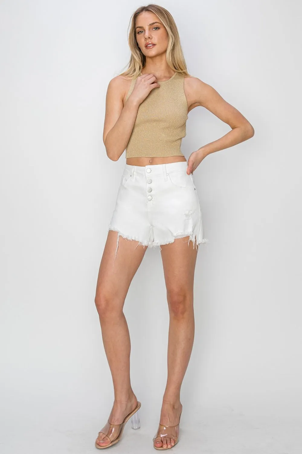 Risen Button Fly Frayed Hem Denim Shorts
