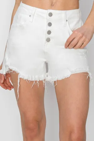 Risen Button Fly Frayed Hem Denim Shorts