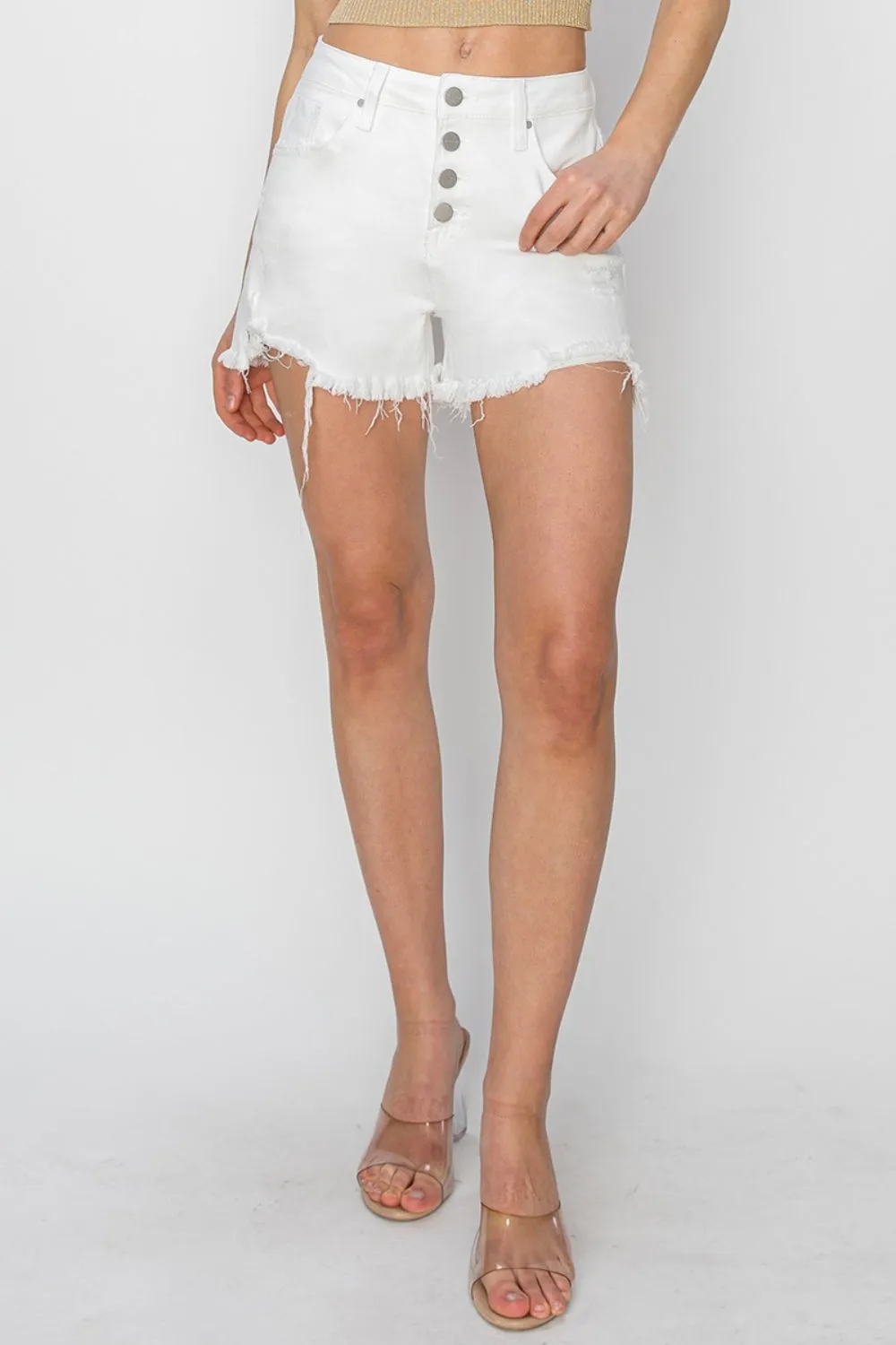 Risen Button Fly Frayed Hem Denim Shorts