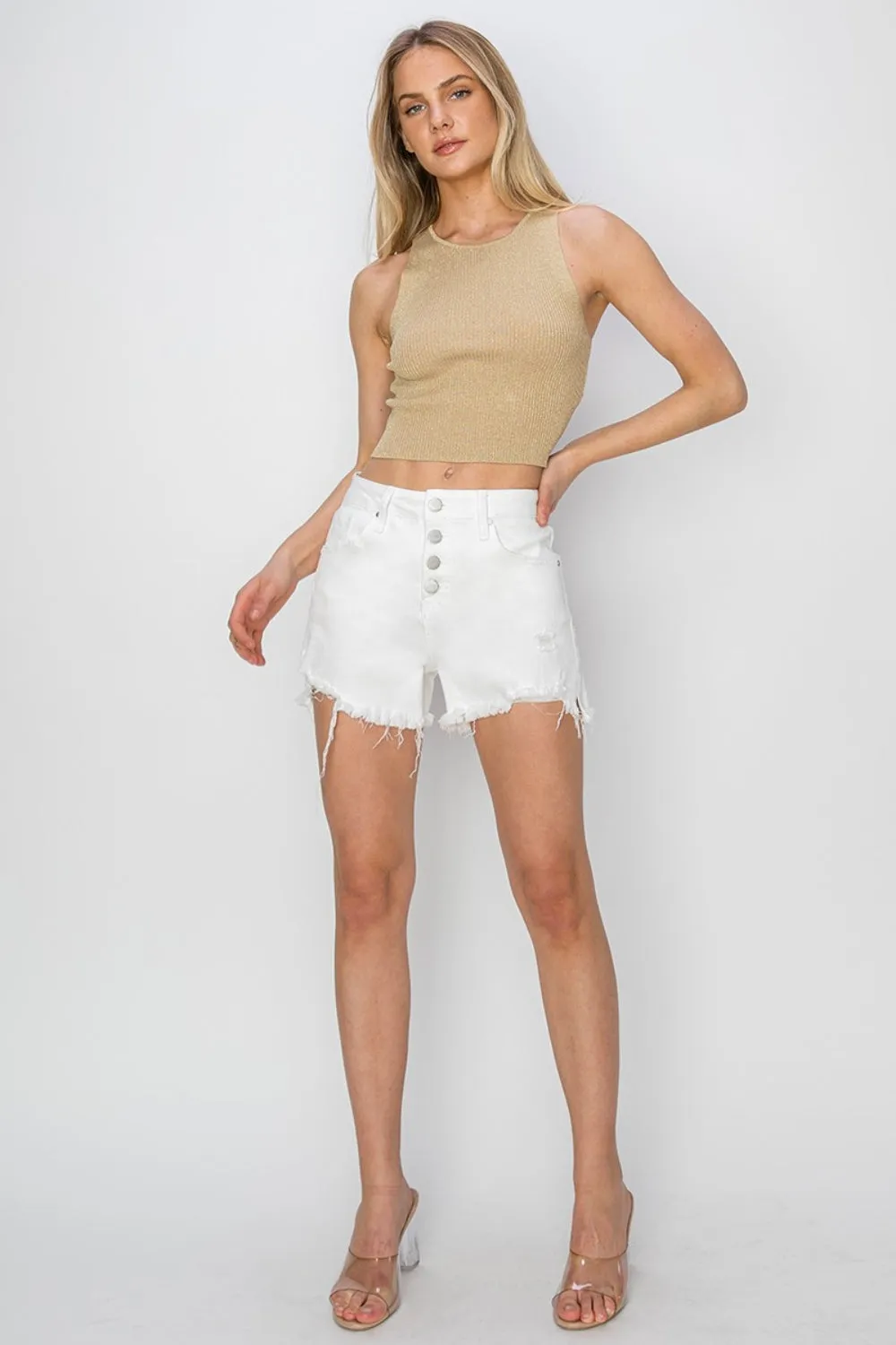 Risen Button Fly Frayed Hem Denim Shorts