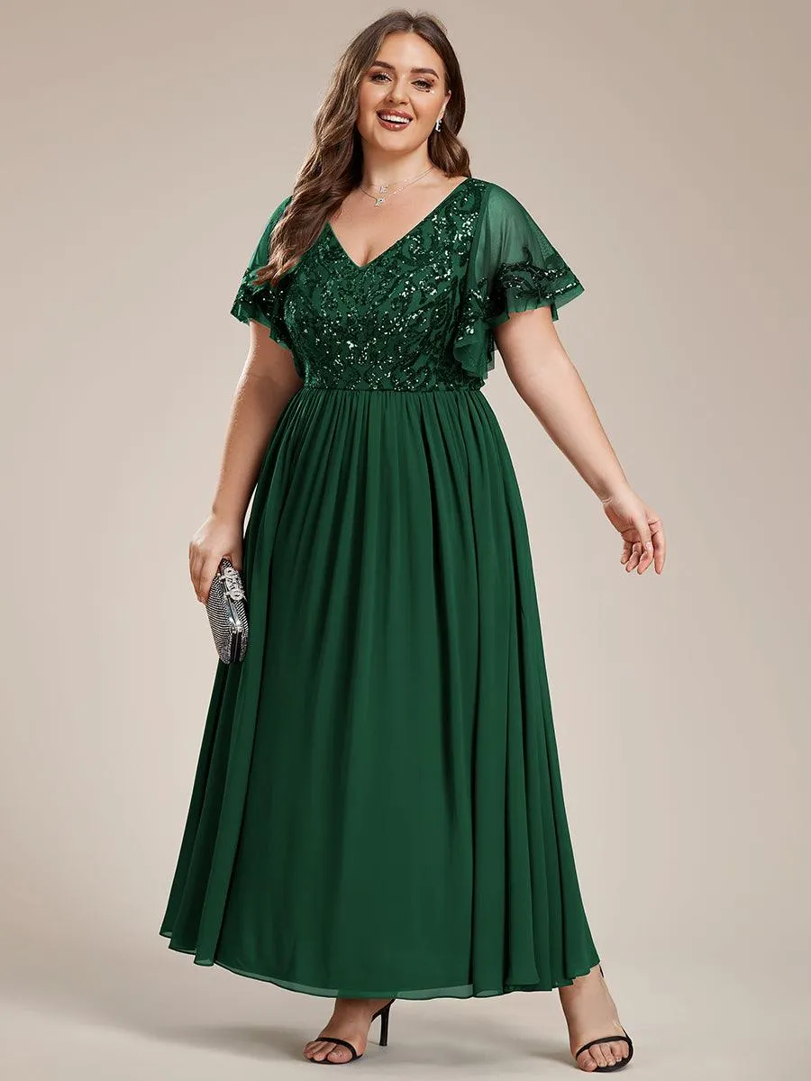 Robe Mère de la Mariée Col en V Manches Courtes Corsage à Paillettes Grande Taille