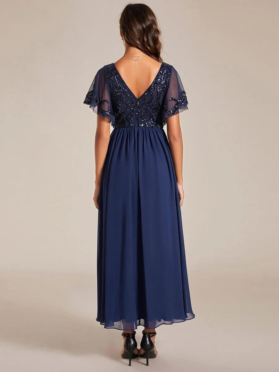 Robe Mère de la Mariée Col en V Manches Courtes Corsage à Paillettes Grande Taille