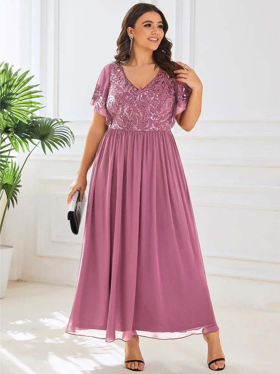 Robe Mère de la Mariée Col en V Manches Courtes Corsage à Paillettes Grande Taille