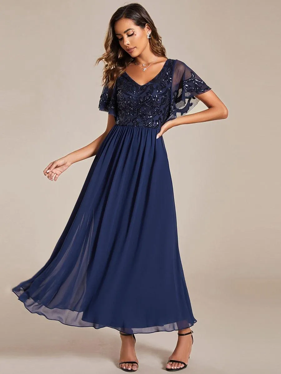 Robe Mère de la Mariée Col en V Manches Courtes Corsage à Paillettes Grande Taille