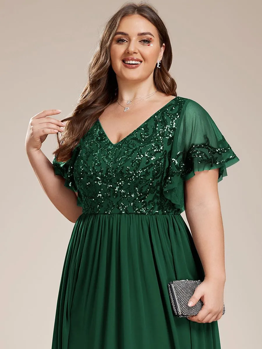 Robe Mère de la Mariée Col en V Manches Courtes Corsage à Paillettes Grande Taille