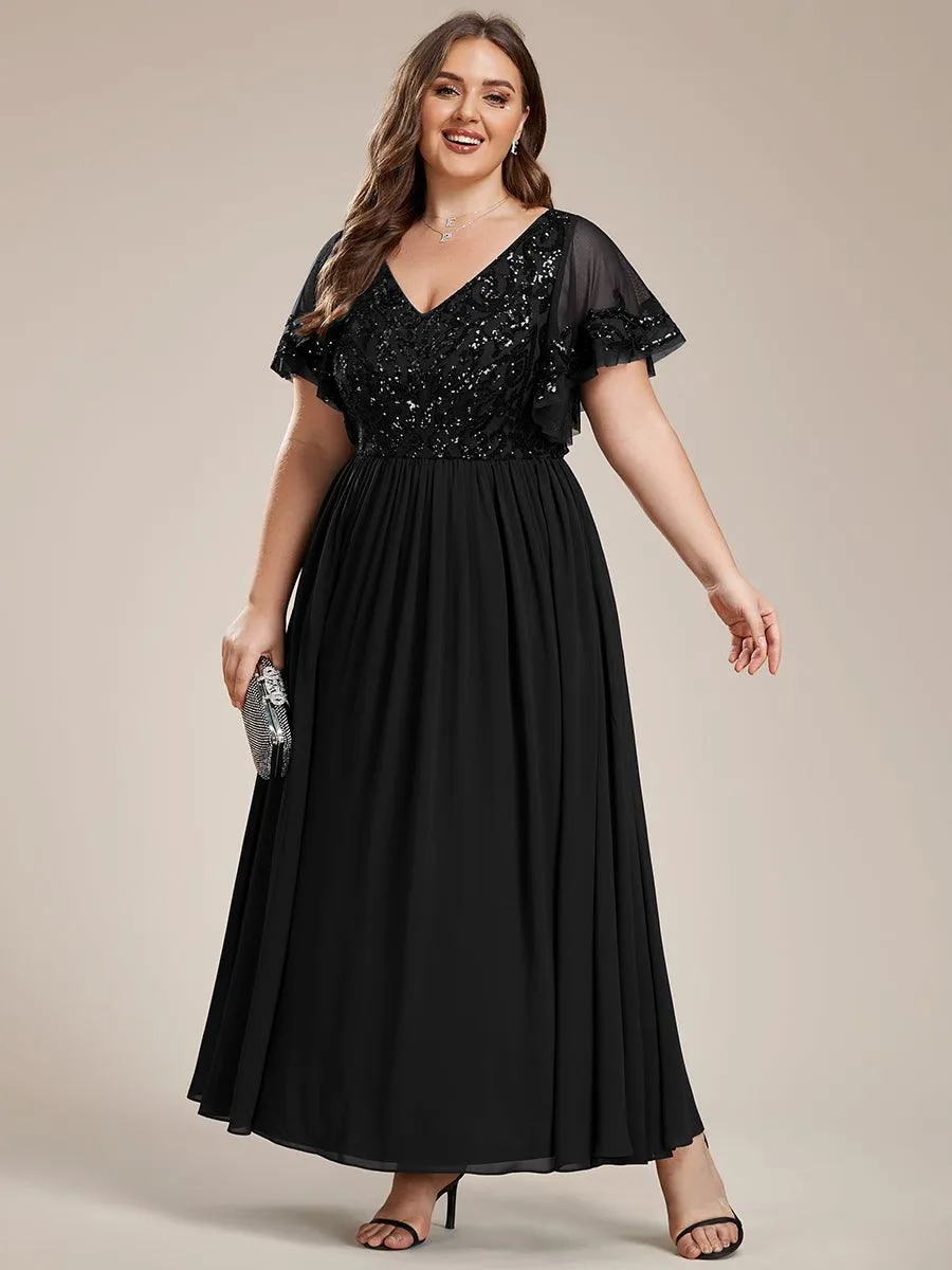 Robe Mère de la Mariée Col en V Manches Courtes Corsage à Paillettes Grande Taille