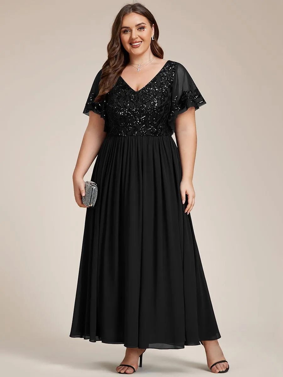 Robe Mère de la Mariée Col en V Manches Courtes Corsage à Paillettes Grande Taille