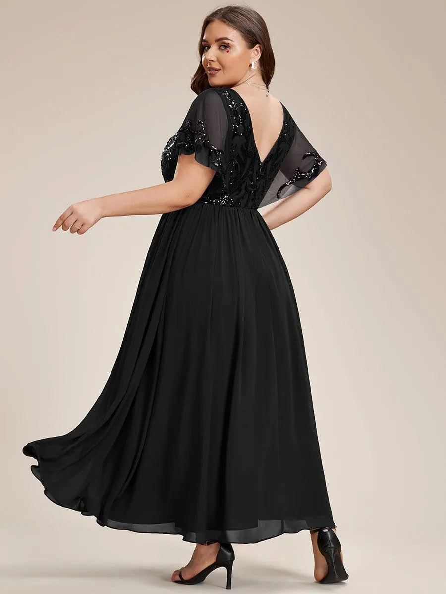 Robe Mère de la Mariée Col en V Manches Courtes Corsage à Paillettes Grande Taille