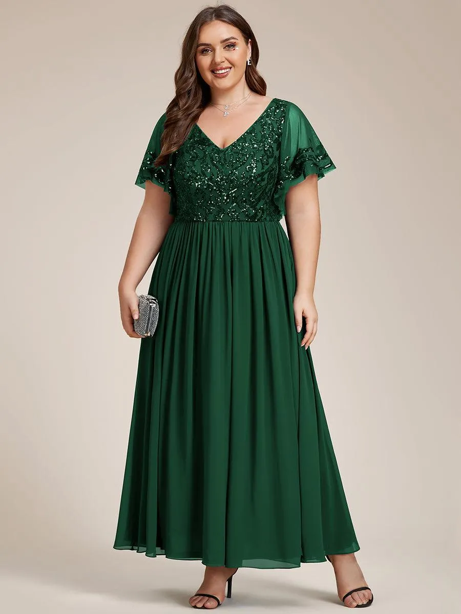 Robe Mère de la Mariée Col en V Manches Courtes Corsage à Paillettes Grande Taille