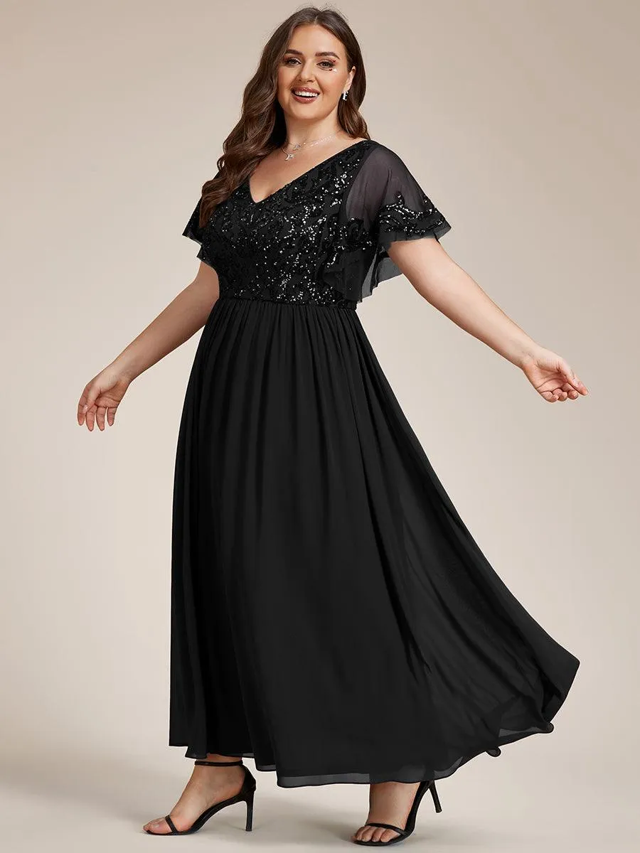 Robe Mère de la Mariée Col en V Manches Courtes Corsage à Paillettes Grande Taille