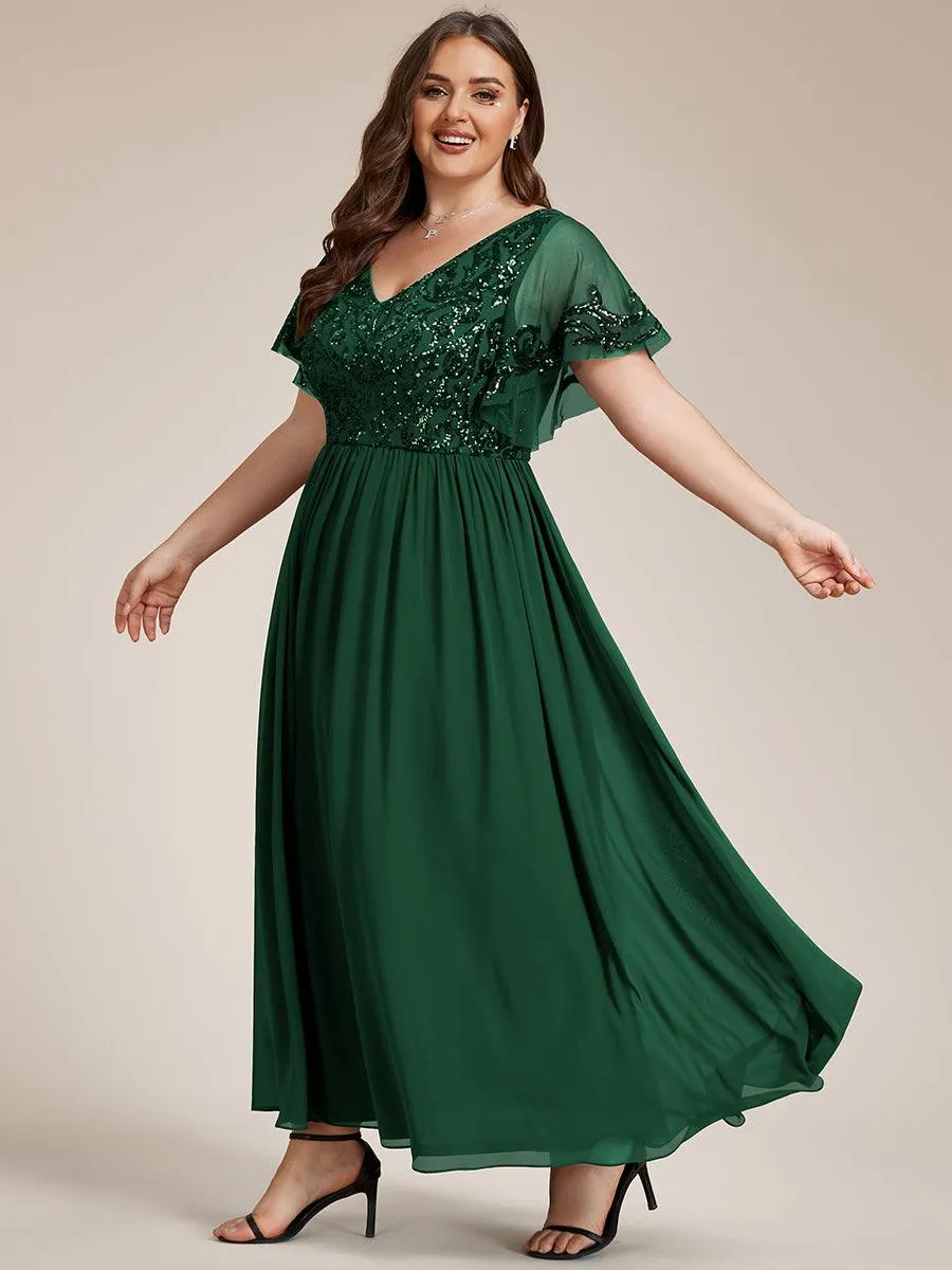 Robe Mère de la Mariée Col en V Manches Courtes Corsage à Paillettes Grande Taille
