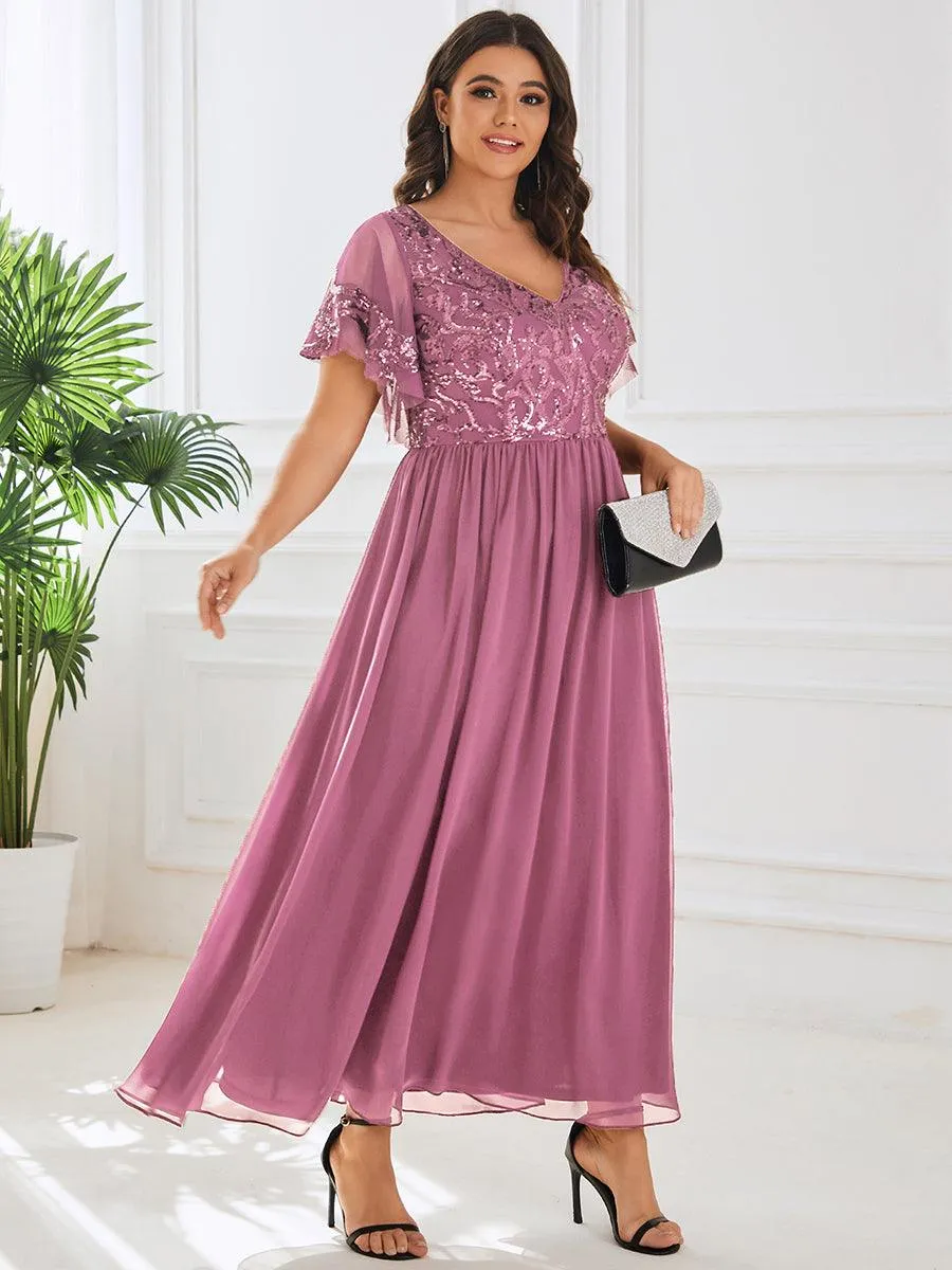 Robe Mère de la Mariée Col en V Manches Courtes Corsage à Paillettes Grande Taille