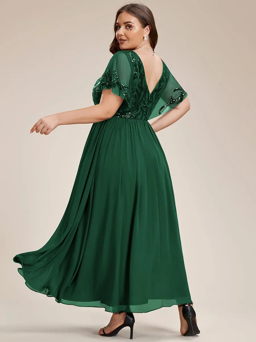 Robe Mère de la Mariée Col en V Manches Courtes Corsage à Paillettes Grande Taille